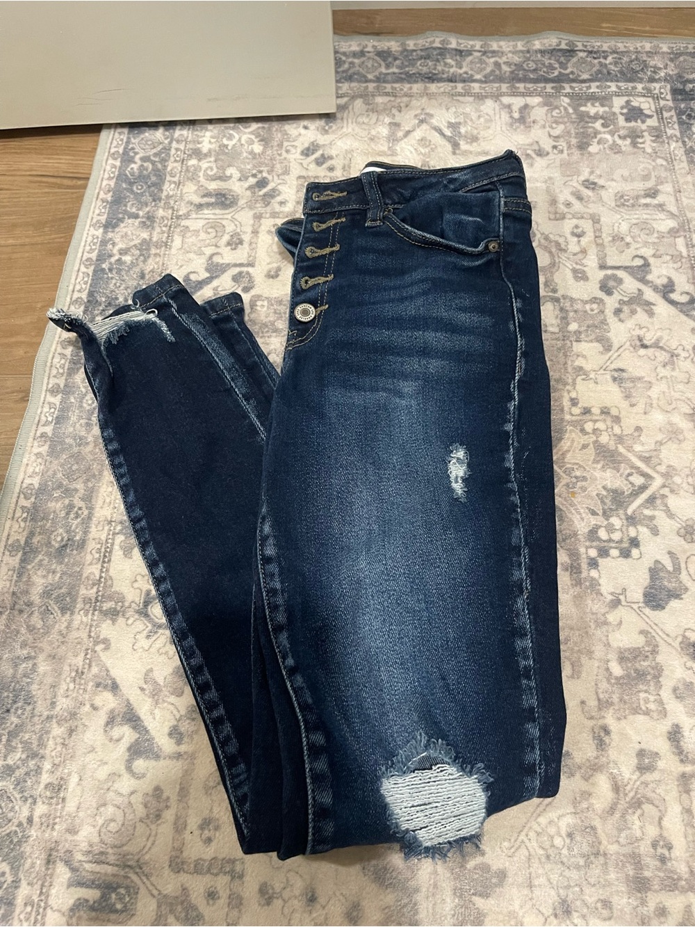 KanCan Dark Wash Skinny Jeans with Distressed Hem